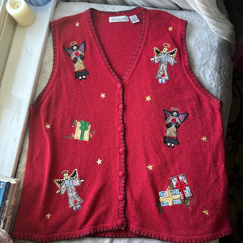 Holiday Angel Embroidered Red Wool Blend Knit Sweater Button Up Vest Christmas
